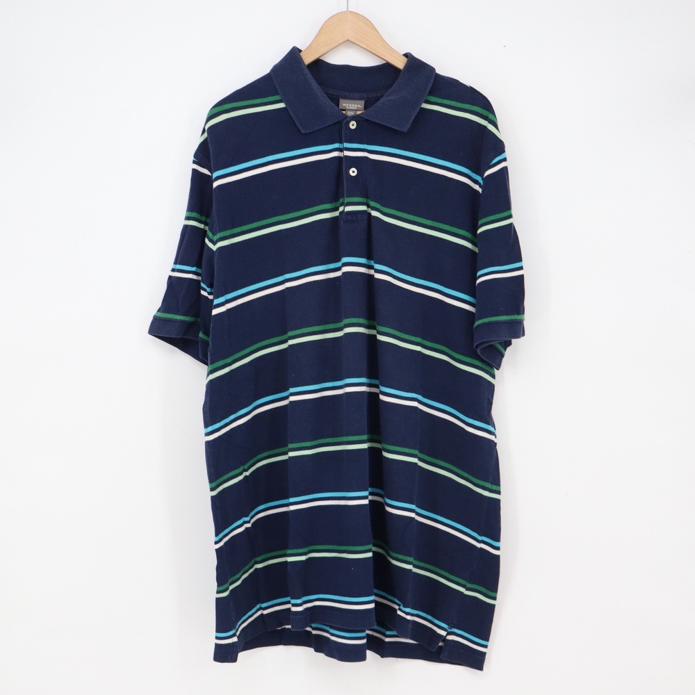 Merona Polo Shirt Mens XXL Ultimate Navy Blue Striped Short Sleeve Excellent